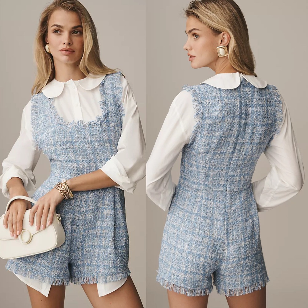 Maeve Long-Sleeve Blouse Twofer Romper Sz 4 | Blue‎ White Tweed Peter Pan Collar